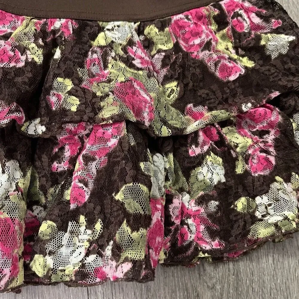 Justice Girl’s Brown Pink Floral Lace Pull-On Tiered Skater Skort Size 6